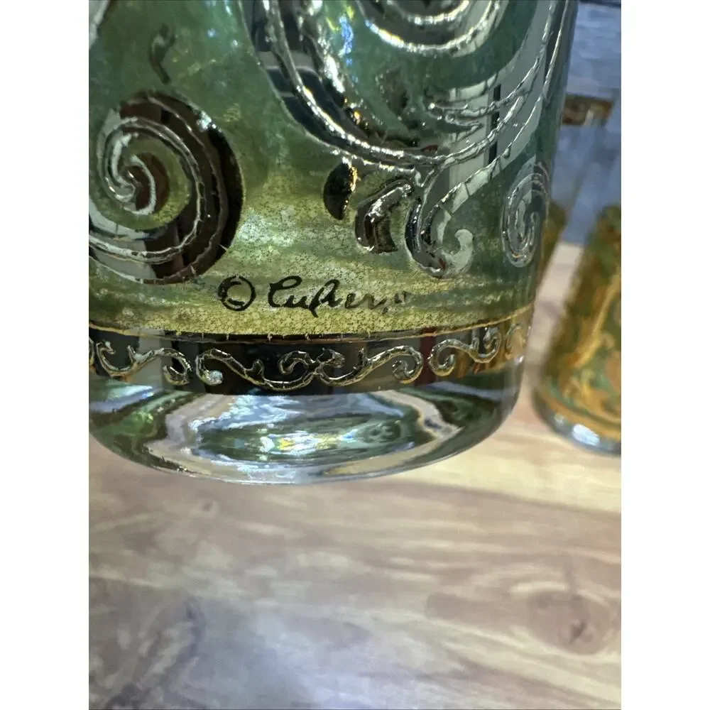 MCM Vintage Culver Toledo Green/22k Gold Highball Tumbler Glasses~4 Pc Set